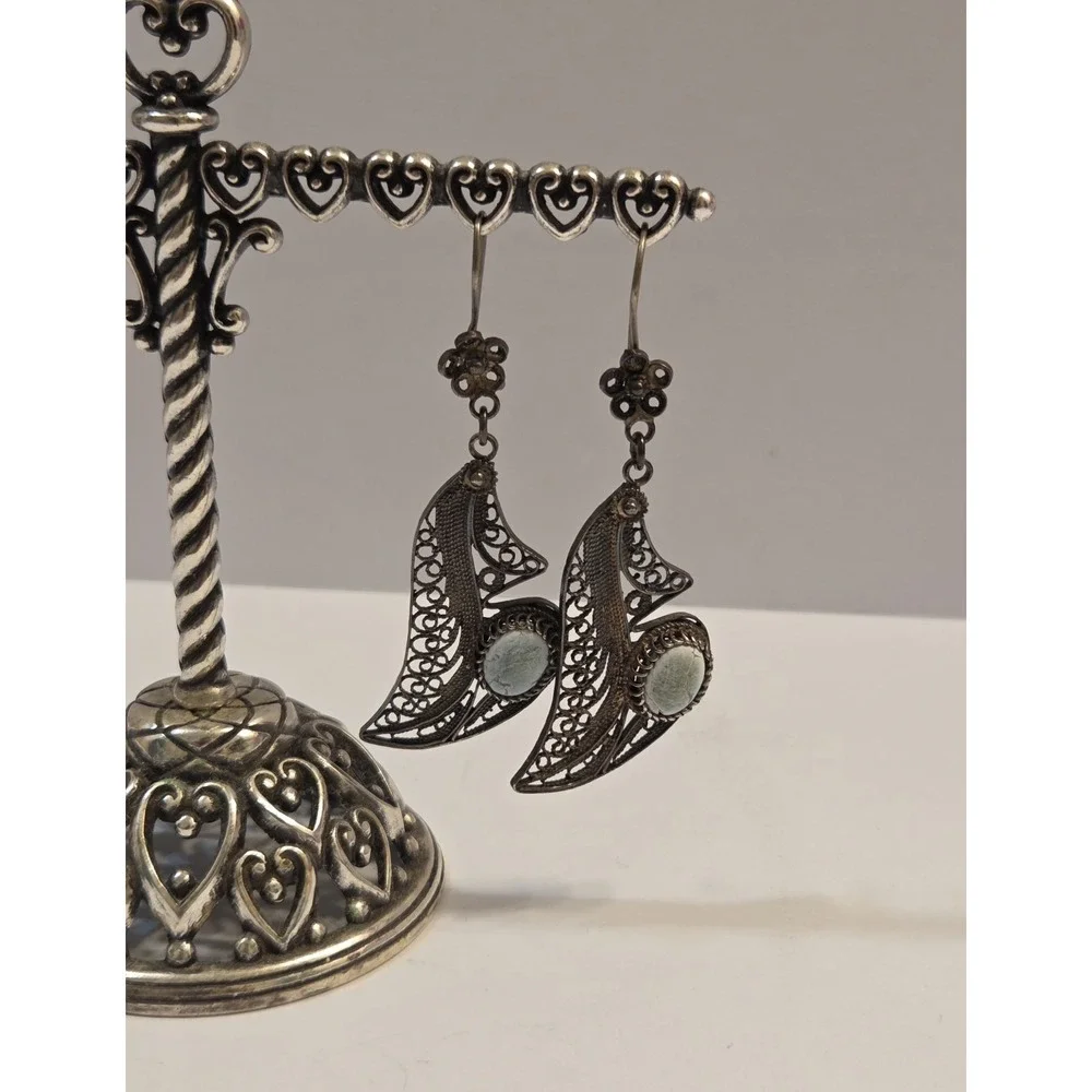 Large Vintage Art Nouveau Sterling Silver Filigree Dangle Earrings Blue Stone